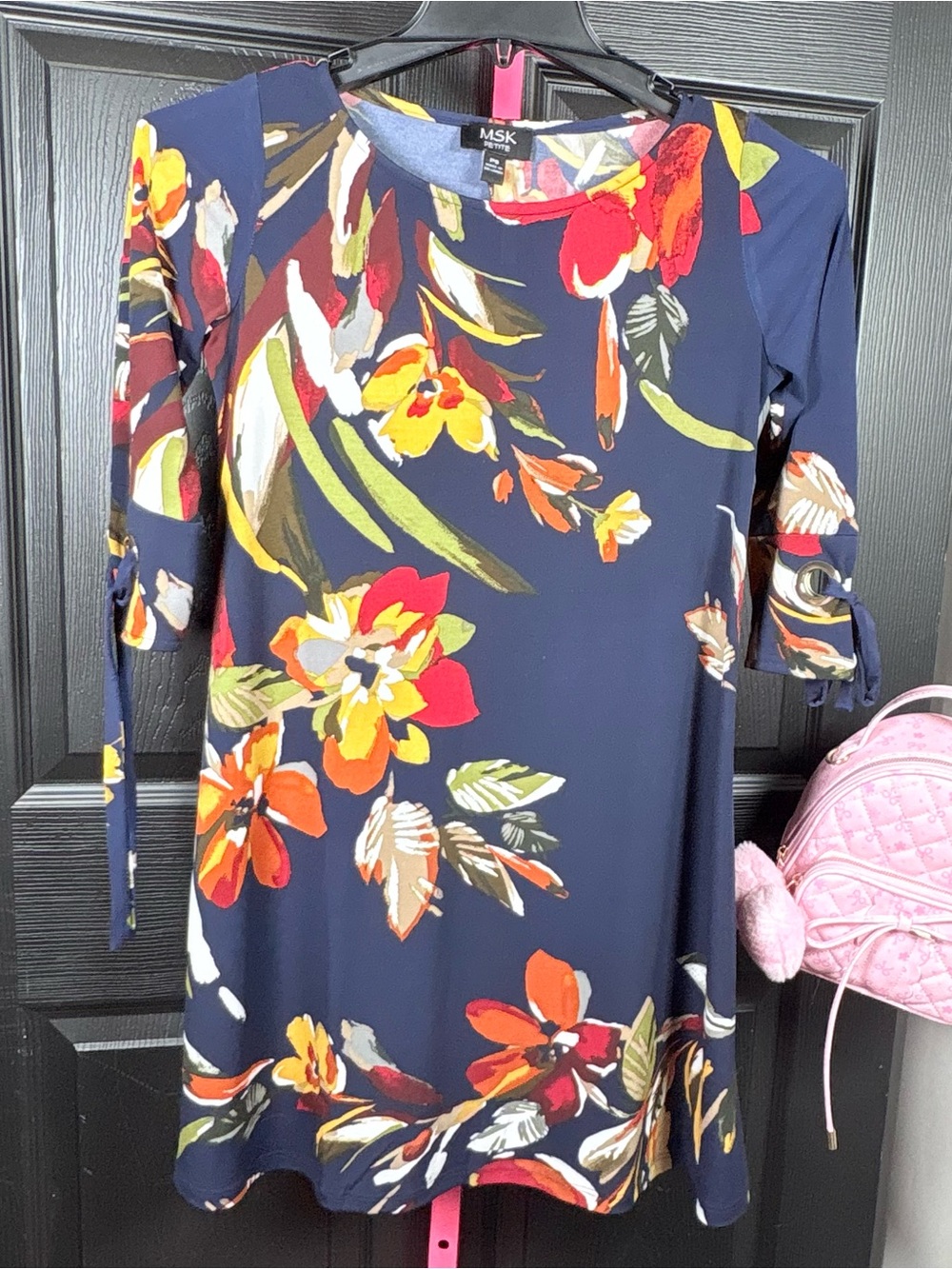 MSK Navy Floral Tunic with Red, Orange & Yellow Blooms